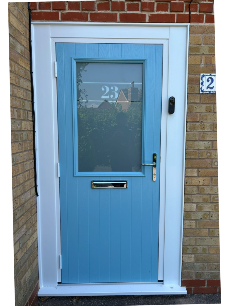 sky blue with glass panel upvc door installed by roofriendly